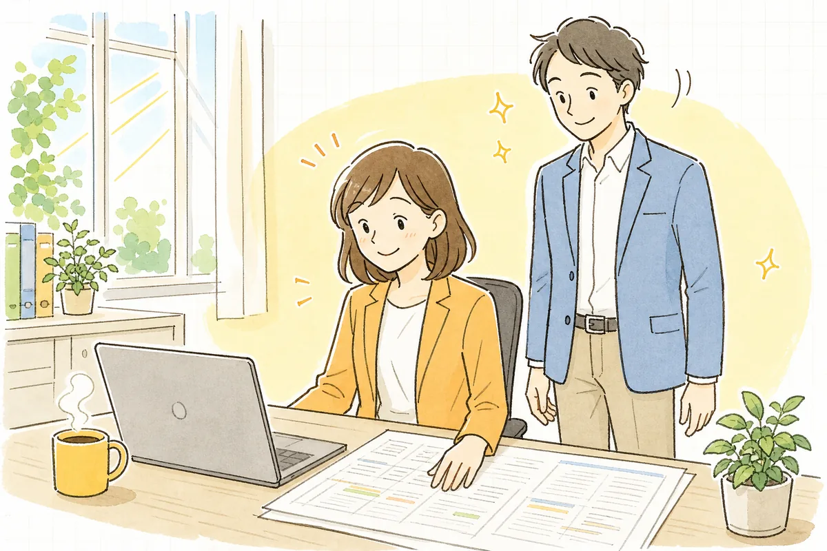 明るいオフィスで、返信が届いた画面を見ながら同僚と軽く言葉を交わしているイベント制作ディレクター