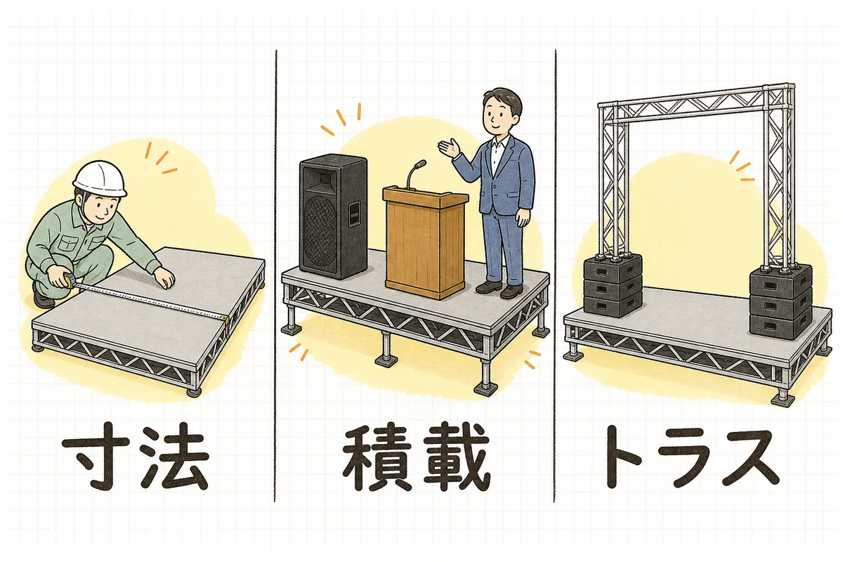 仮設ステージの発注前に決める3つを「寸法」「積載」「トラス」の3場面に分けて左から右へ並べた図