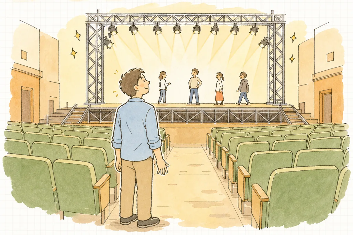 組み上がった仮設ステージに照明が入り、客席の中ほどに立ってステージを見上げているイベント制作ディレクター