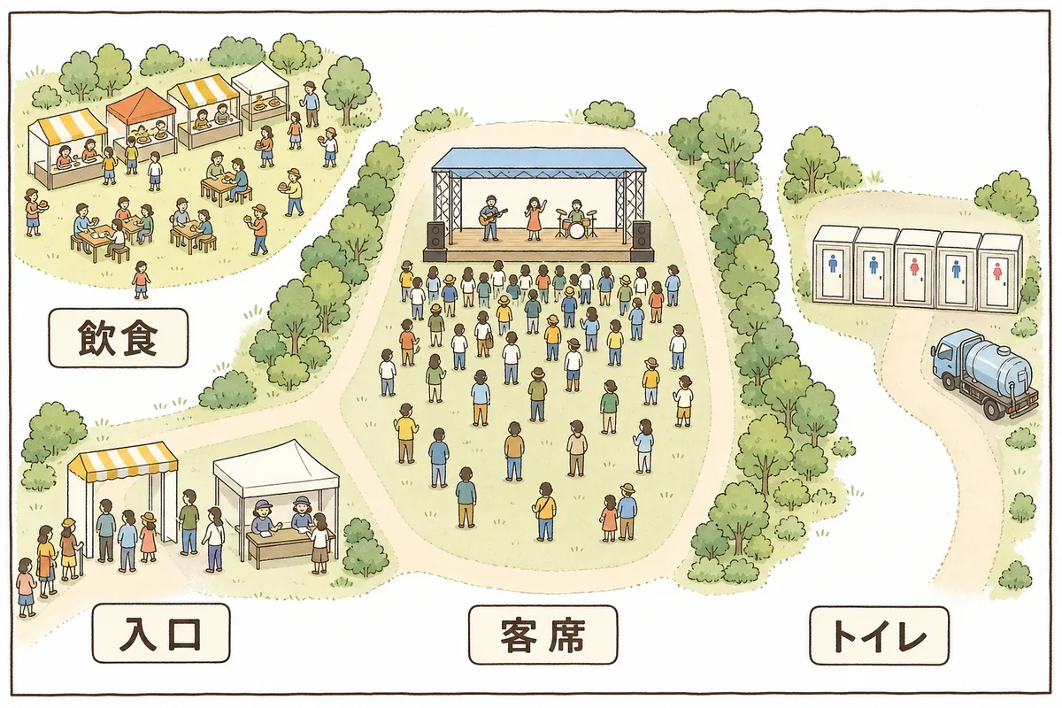 屋外イベント会場の平面図。左に入口ゲート、中央にステージと客席、右上に飲食ブース、右下に仮設トイレの列とその脇に停まるバキューム車が描かれ、それぞれにラベルが付いている