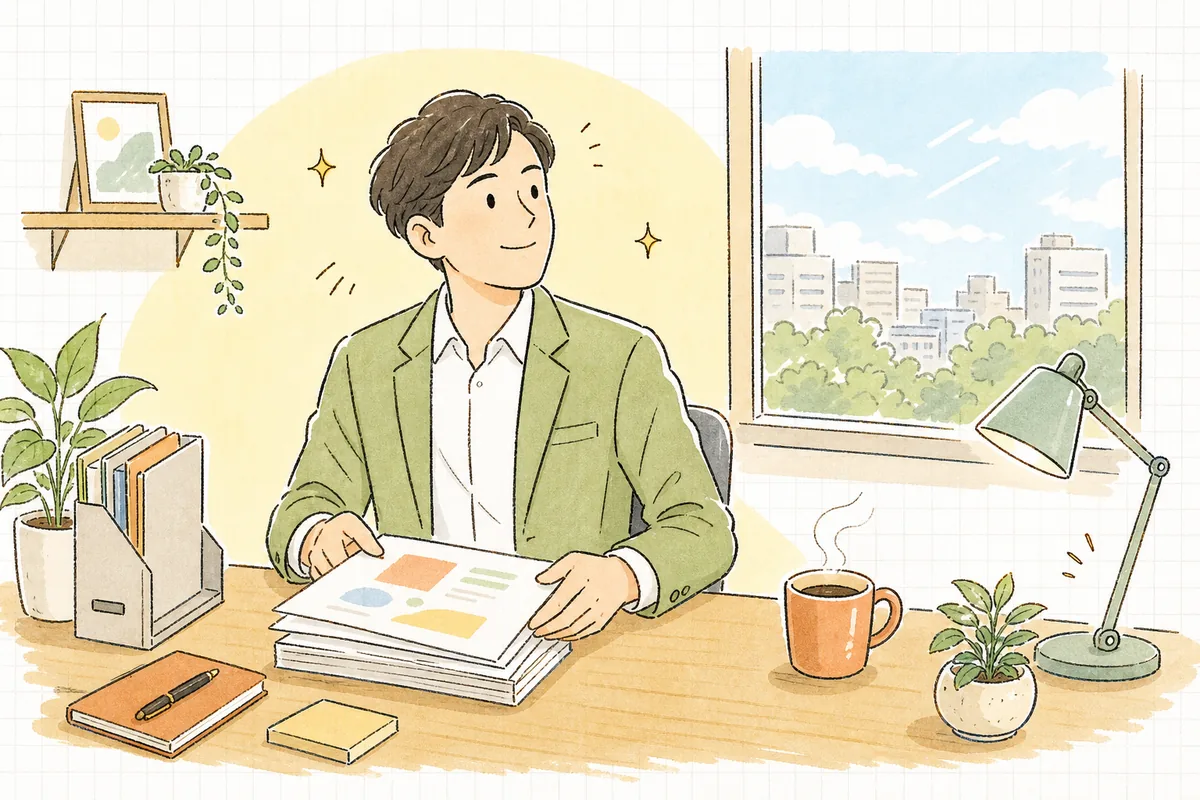 企画書をまとめ終え、提案に向けてやわらかな朝の光の中で前向きに資料を整える制作ディレクターの穏やかな表情