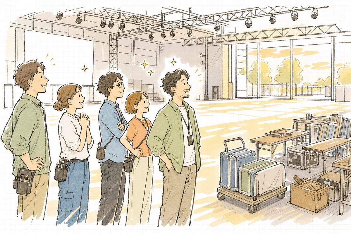 イベントが無事に終わり、人がはけた会場で、肩の力が抜けた穏やかな表情で見渡すスタッフたち