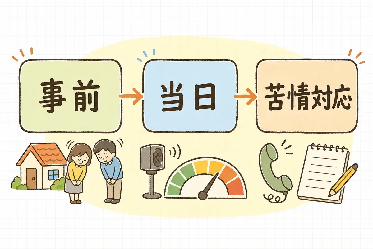 騒音・近隣対策の3本柱「事前・当日・苦情対応」と、それぞれに含まれる具体策を並べた概念図