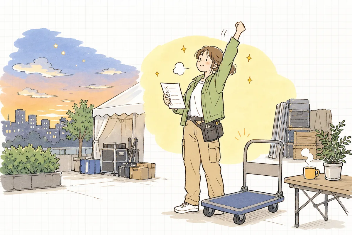 機材を無事に返し終え、片付いた台車の脇でリストにチェックを入れて小さくひと息つき、前を向くイベント制作ディレクターの穏やかな表情