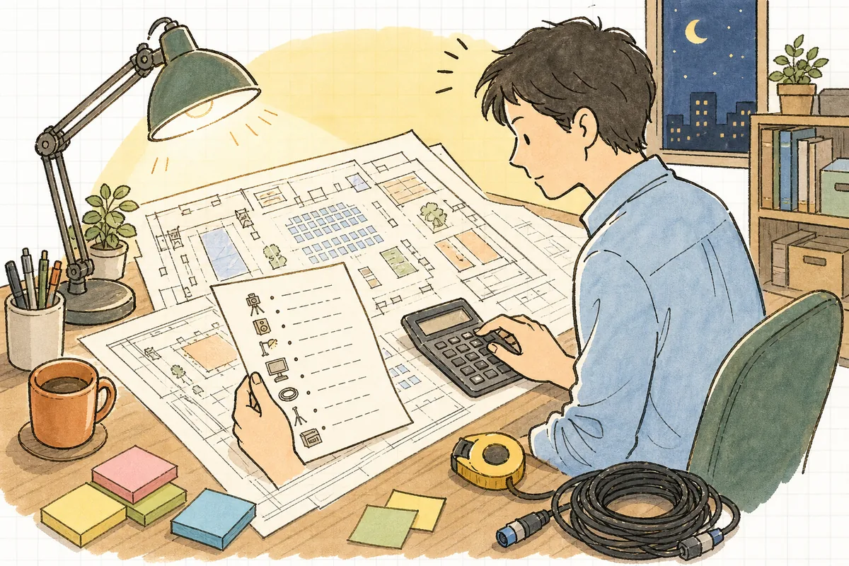 会場図を広げた机の上で、必要な機材を書き出したリストと突き合わせながらレンタル見積を組んでいるイベント制作ディレクターの手元と横顔