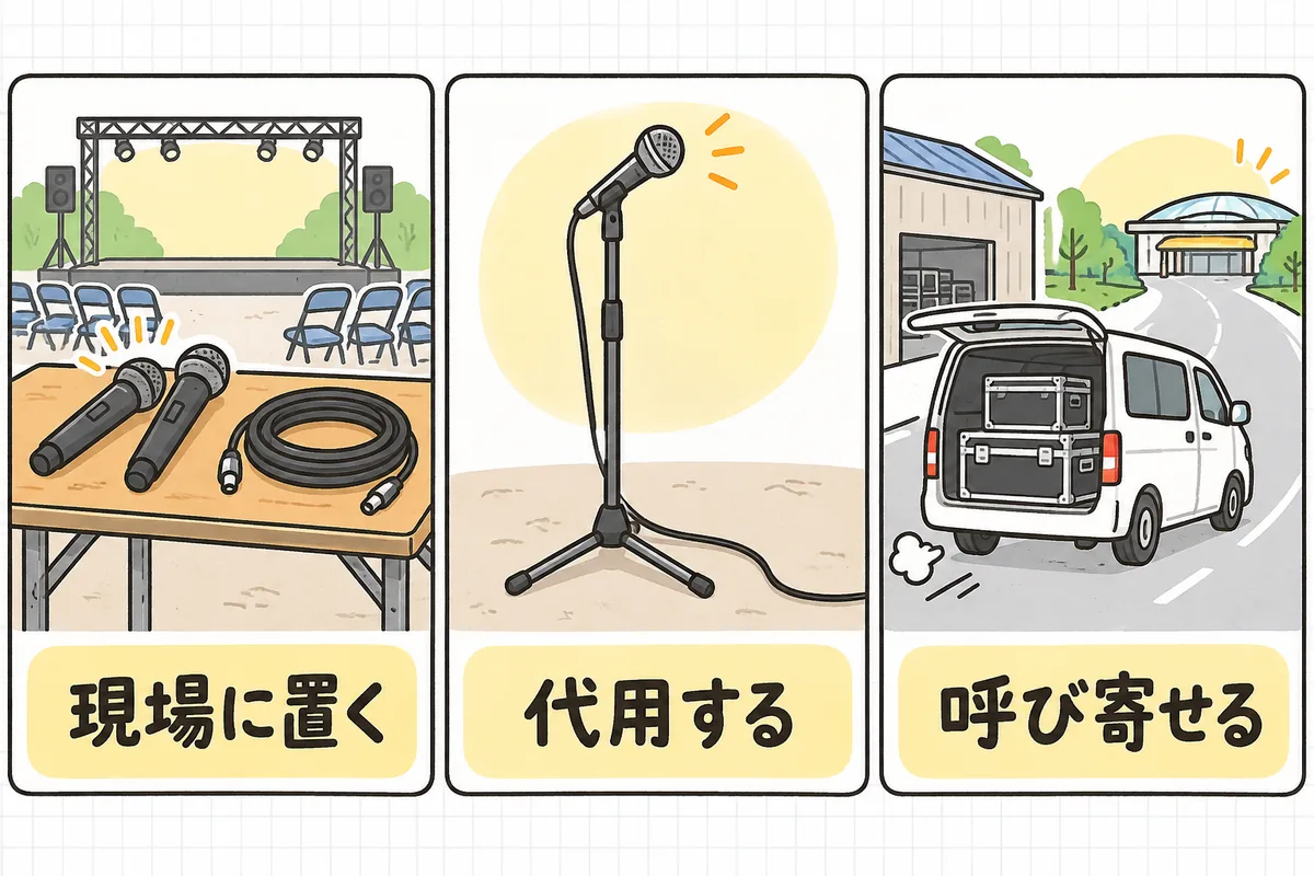 予備の持ち方を3つの列で示した図。左の列は本部テーブルに置かれた予備のワイヤレスマイクとケーブル、中央の列はワイヤレスマイクの代わりに使う有線マイク、右の列は倉庫から会場へ向かう機材を積んだワゴン車