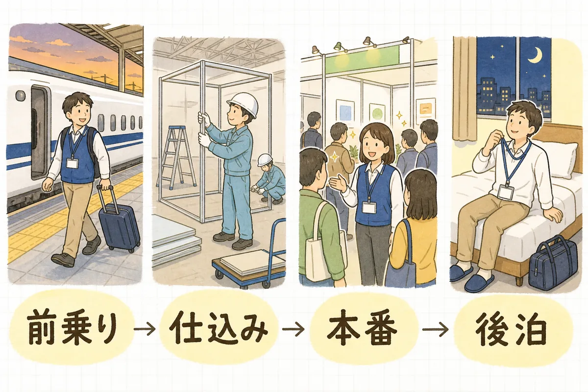 遠方イベントの日程を左から4つの場面で並べた図。新幹線で移動してホテルに入る前乗り、会場の設営をする仕込み、来場者でにぎわう本番、撤収後にホテルで休む後泊