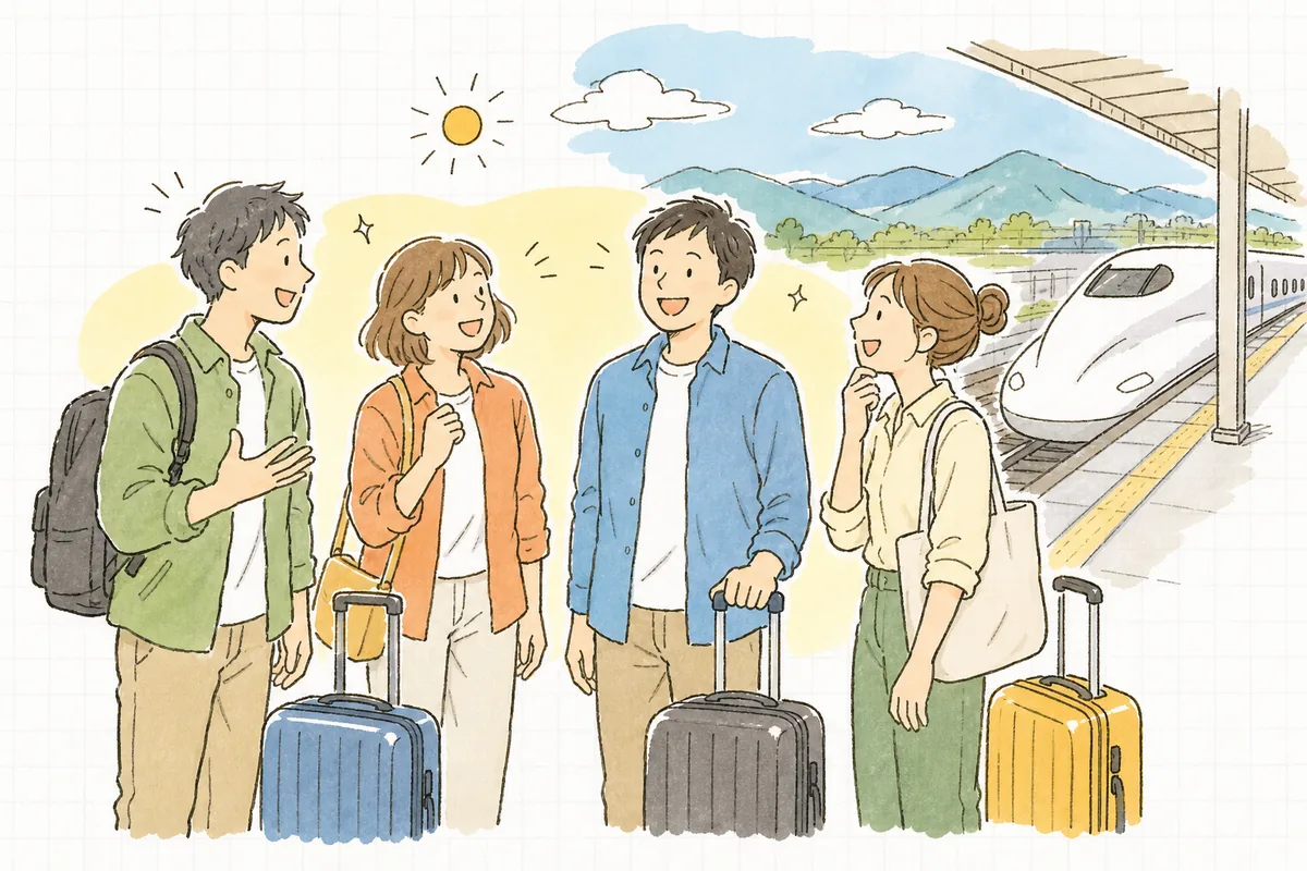 地方のイベントを終えた翌朝、駅のホームで制作チームのスタッフたちがキャリーケースを持ち、晴れやかな表情で帰りの新幹線を待っている様子
