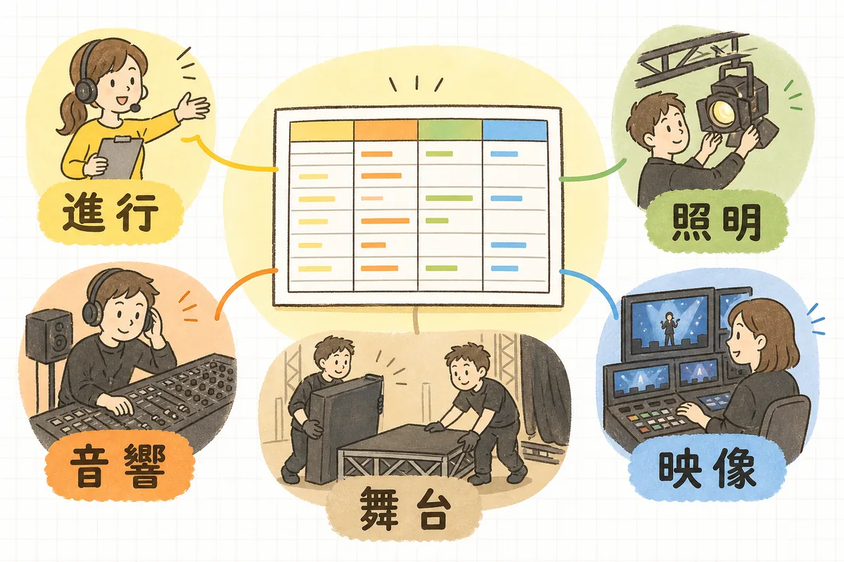 香盤表が進行・音響・照明・映像・舞台の各担当をつなぐ共有の1枚であることを示した概念図
