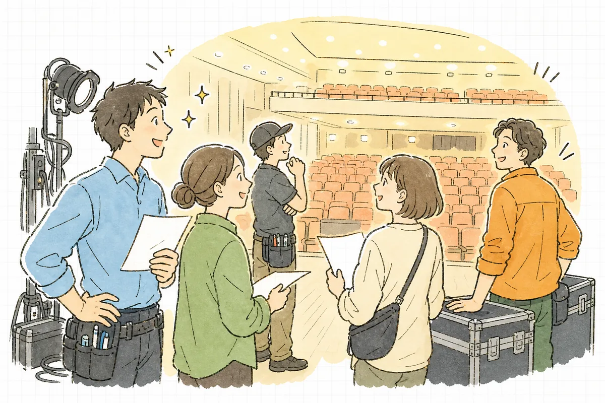 無事に終演を迎えた会場で、香盤表を手にほっと一息つき、明るい客席を見渡すスタッフたちの後ろ姿と穏やかな表情