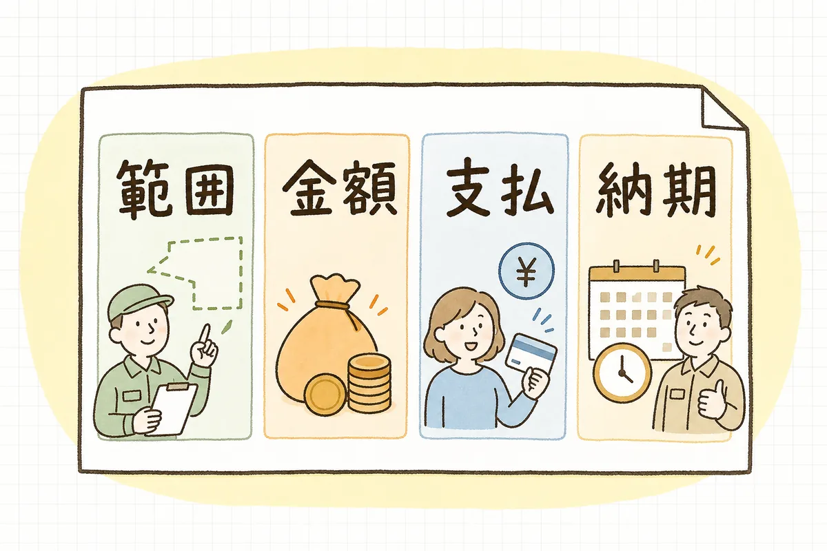 協力会社への発注書に最低限そろえたい項目(作業範囲・金額・支払条件・納期)を並べて示した確認用の概念図