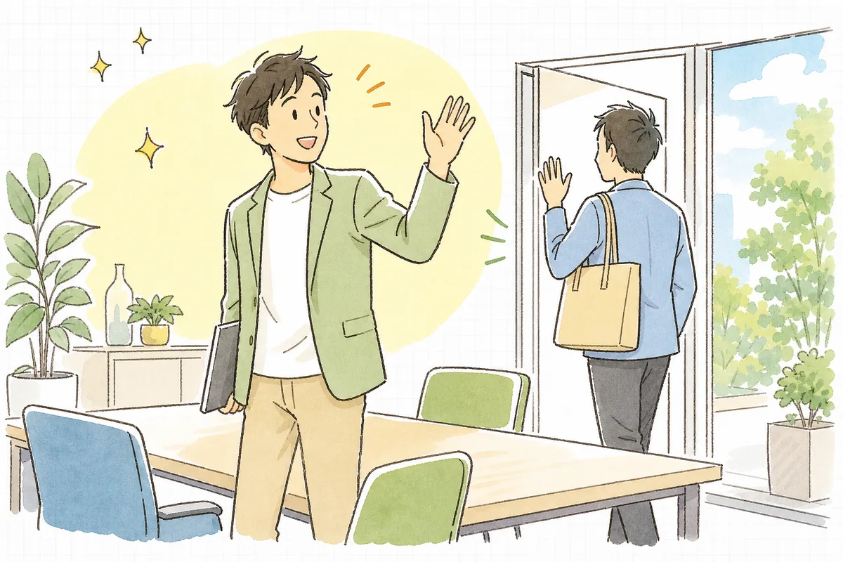 協力会社との打ち合わせを終え、握手を交わすように和やかに見送るイベント制作ディレクターの穏やかな表情