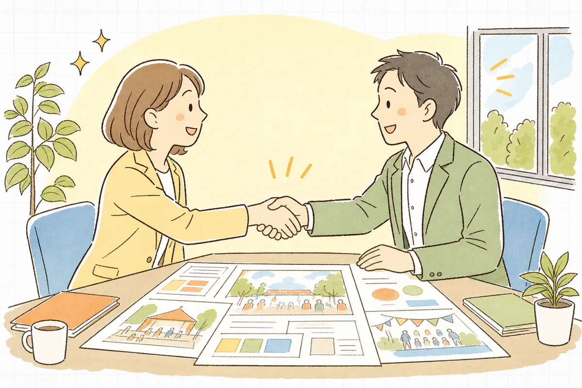 明るい会議室で、イベント制作ディレクターと企業の担当者が資料を挟んで穏やかに握手を交わし、協賛が決まった場面