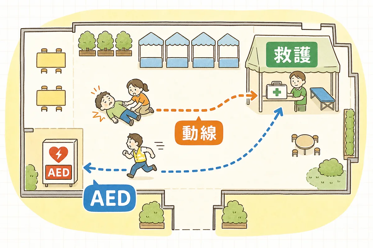 会場内のAEDの設置場所と、倒れた人のもとへ取りに行く担当・動線を示した会場図の概念図