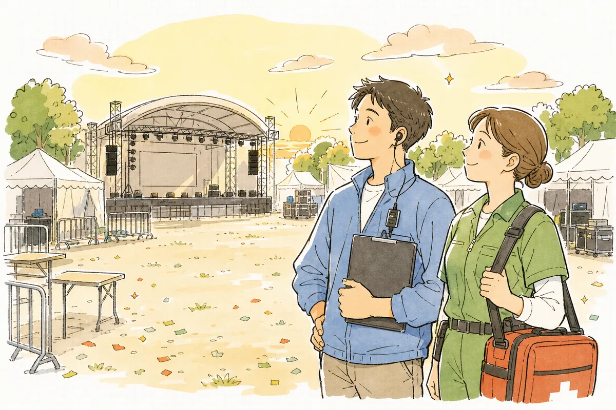 イベントが無事に終わり、人がはけた会場で、肩の力が抜けた穏やかな表情で見渡す救護担当とディレクター