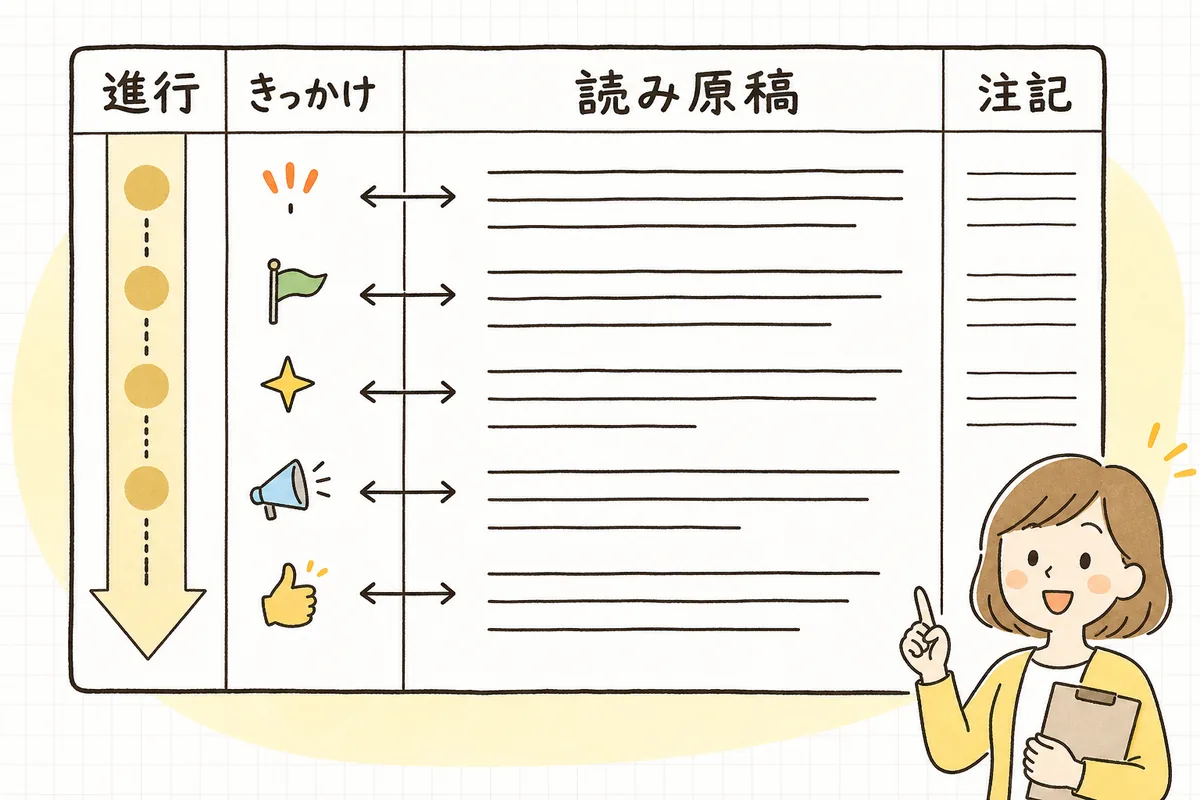 MC台本を左右二段に分け、左に進行・きっかけ・時間、右に読み原稿と注記を並べた構成を示した横長の図