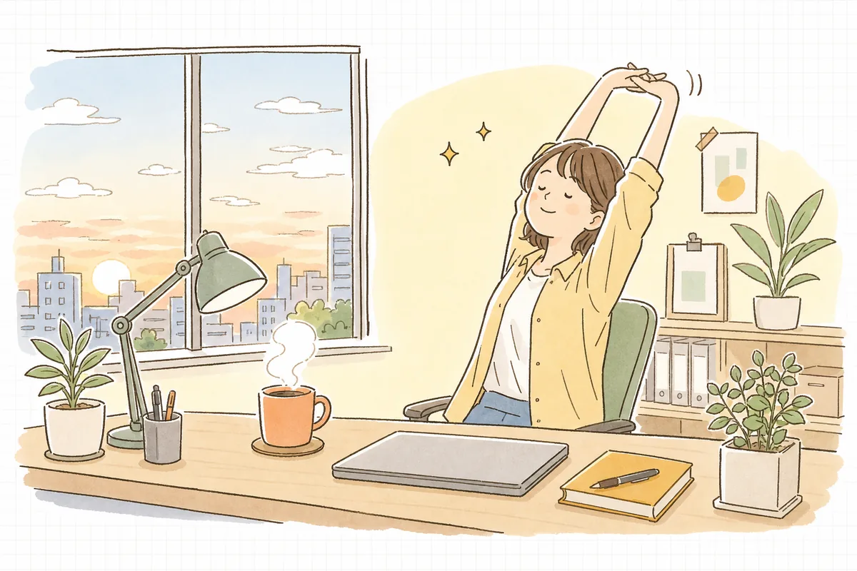 見積の税欄まで確かめ終えて、夜明けの光の中でほっと一息つく制作ディレクターの穏やかな表情