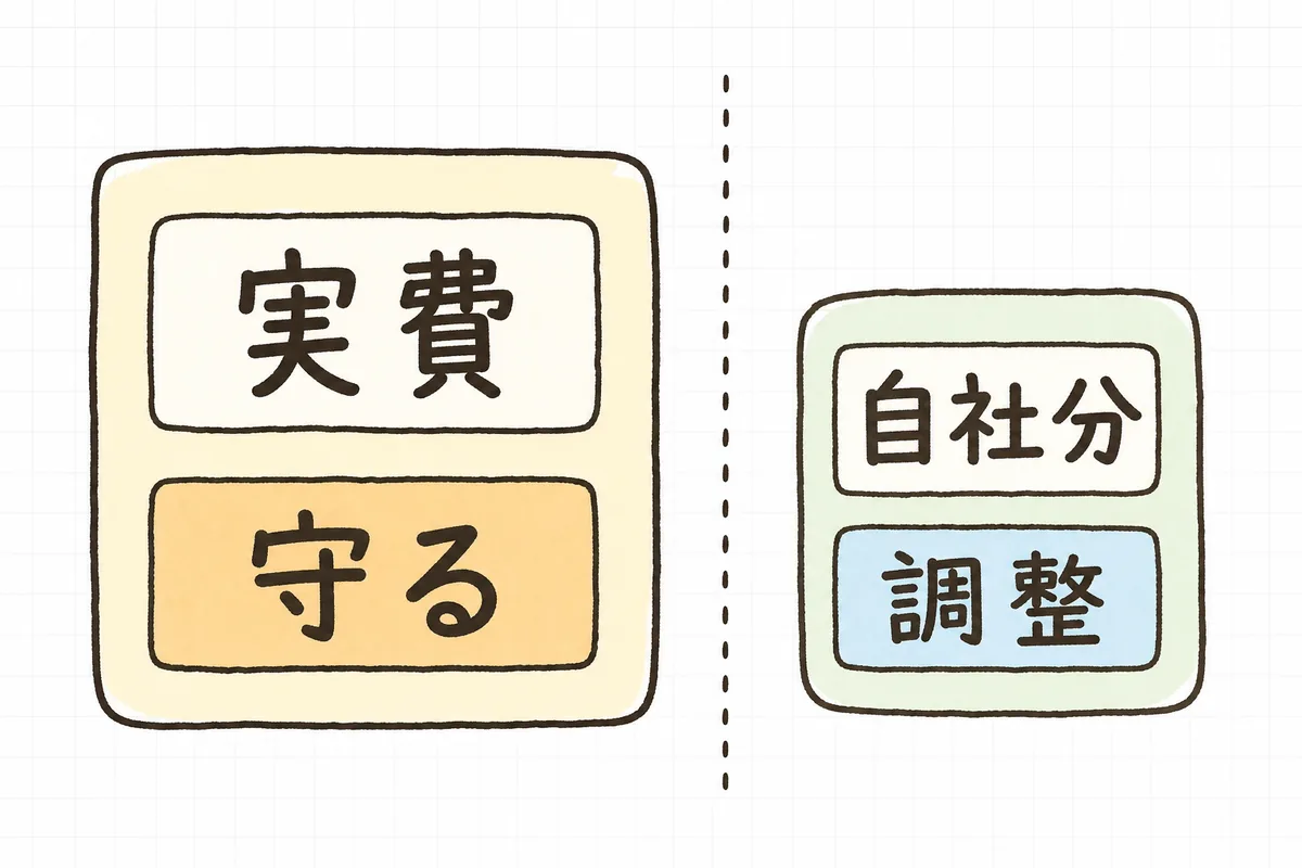 イベント見積を「下げにくい実費（外注・機材・人件）」と「調整できる自社分」に切り分け、実費は守りながら中身で調整する考え方を示した横長の概念図