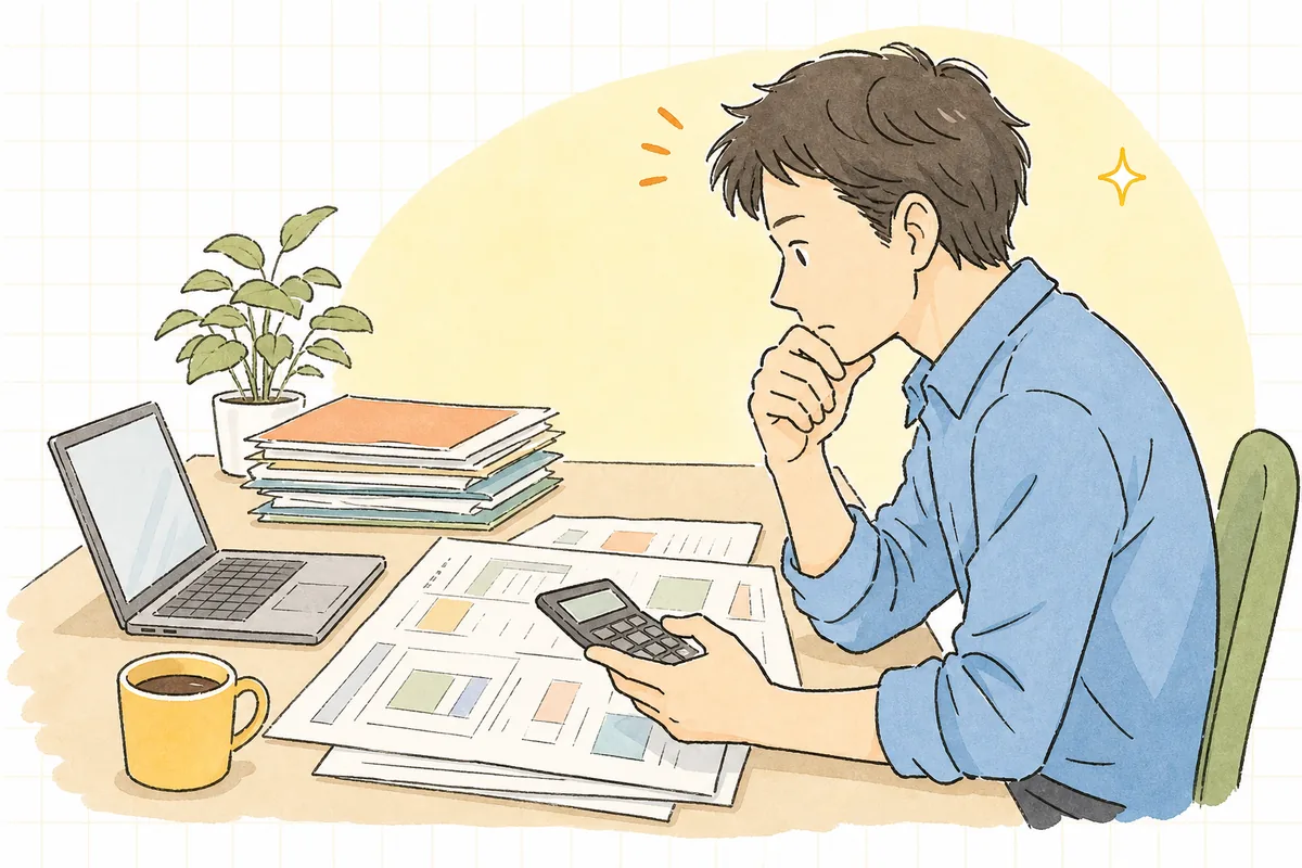 提出したイベント見積書を前に、クライアントからの値引き要請にどう返すか電卓を手に静かに考えているイベント制作ディレクターの横顔と手元