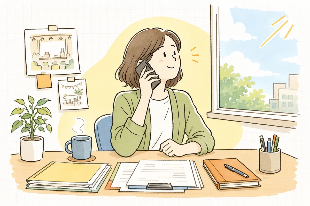 値引きの相談に落としどころを見つけ、電話を終えて穏やかに前を向くイベント制作ディレクターの明るい表情