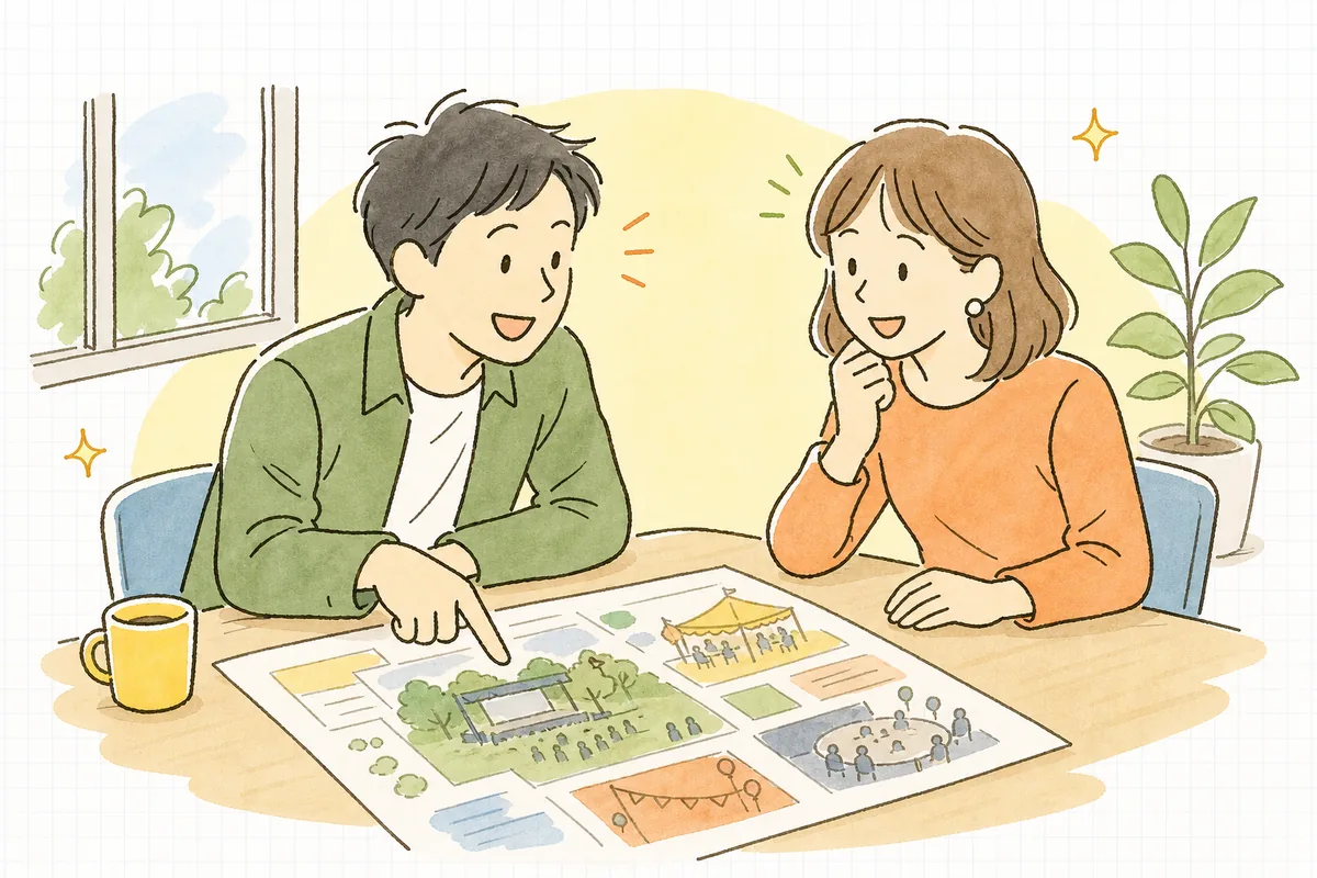 打ち合わせの席で、イベントの提案資料を挟んでクライアントとイベント制作ディレクターが笑顔で話し合っている明るい場面