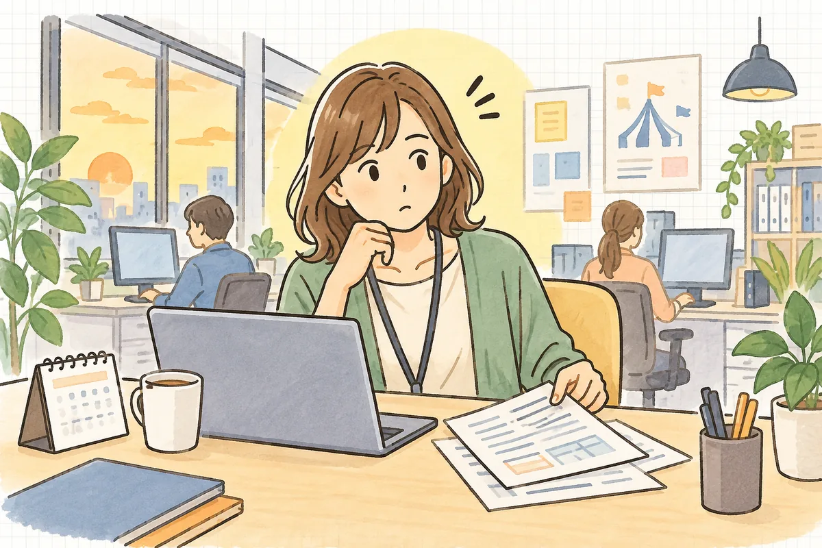 夕方の制作会社のデスクで、過去に出した見積書の控えをパソコン画面と見比べながら、日付を確かめているイベント制作ディレクター