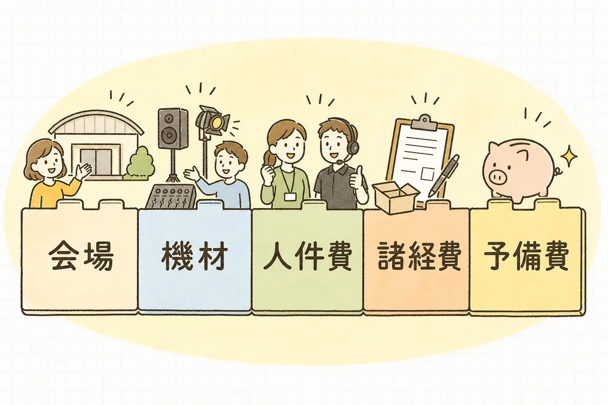 イベント見積書を会場・機材・人件費・制作演出・運営・諸経費・予備費の7つの箱に分けて積み上げる構造を示した概念図