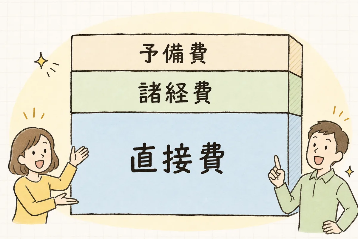 積み上げた費目の上に諸経費と予備費を一行ずつ載せると、根拠が見えて説明しやすくなることを示した図