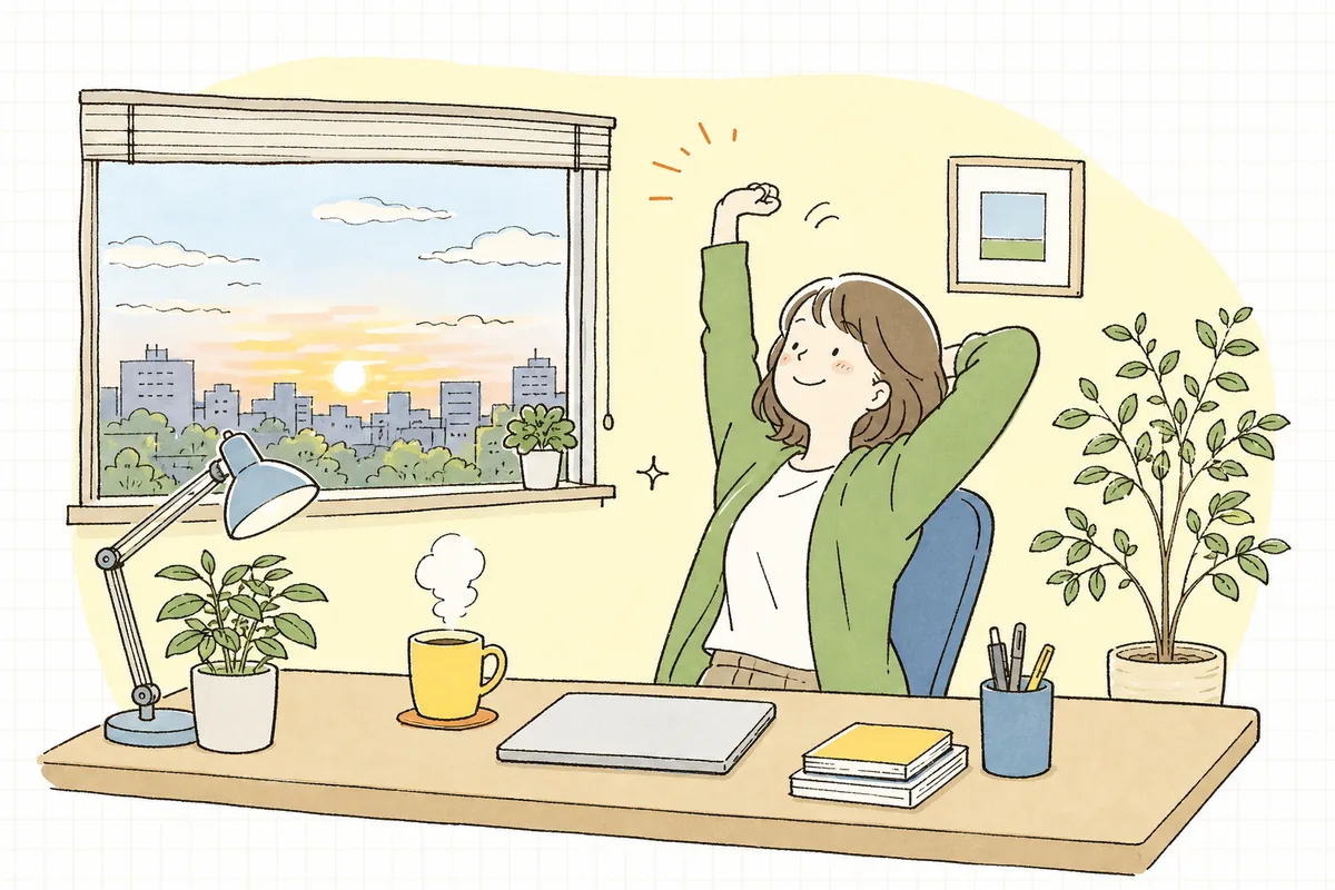 見積書をまとめ終えて、窓の外が白みはじめた朝の光の中でほっと一息つく制作ディレクターの穏やかな表情
