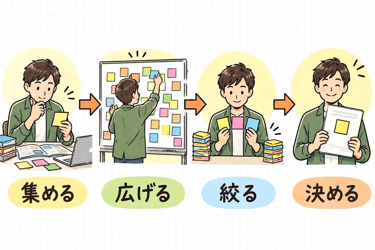 ネーミングの4ステップを示した図。左から、資料から言葉を拾って付箋に集める場面、ホワイトボードいっぱいに付箋を貼って広げる場面、付箋を3枚だけ残して選んでいる場面、1枚の付箋を企画書の表紙に貼って決めている場面