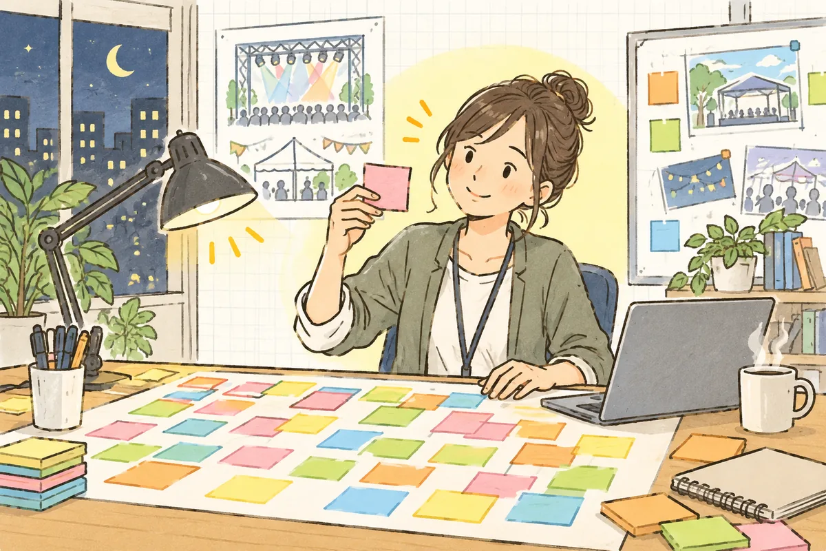 夜のオフィスで、イベント制作ディレクターが机いっぱいに並べた付箋を見つめながら、ひとつの付箋を手に取って考え込んでいる