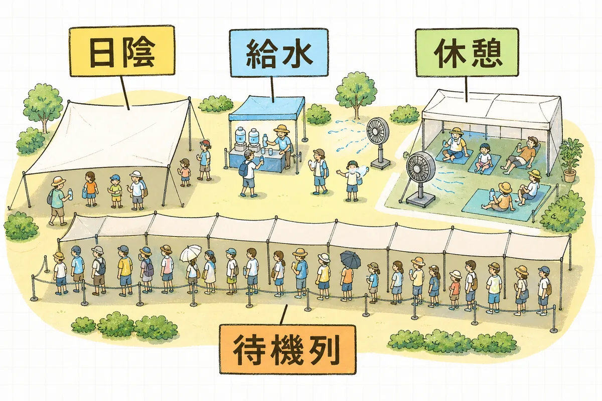 屋外イベント会場に配置する暑さ対策（日よけテント、給水所、ミスト、休憩スペース、待機列の日陰）を俯瞰で示した図