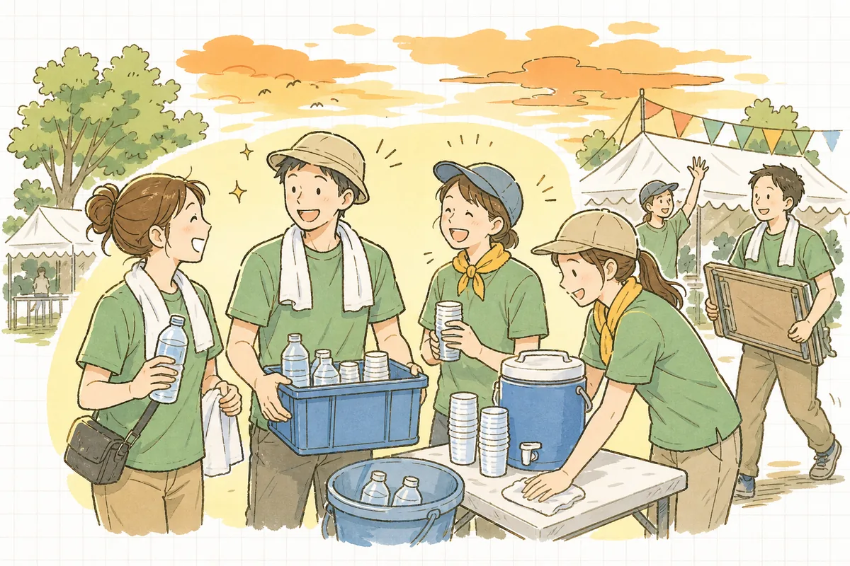 夕方の涼しくなった屋外イベント会場で、無事に一日を終えてほっとした表情で笑い合うスタッフたちの穏やかな様子