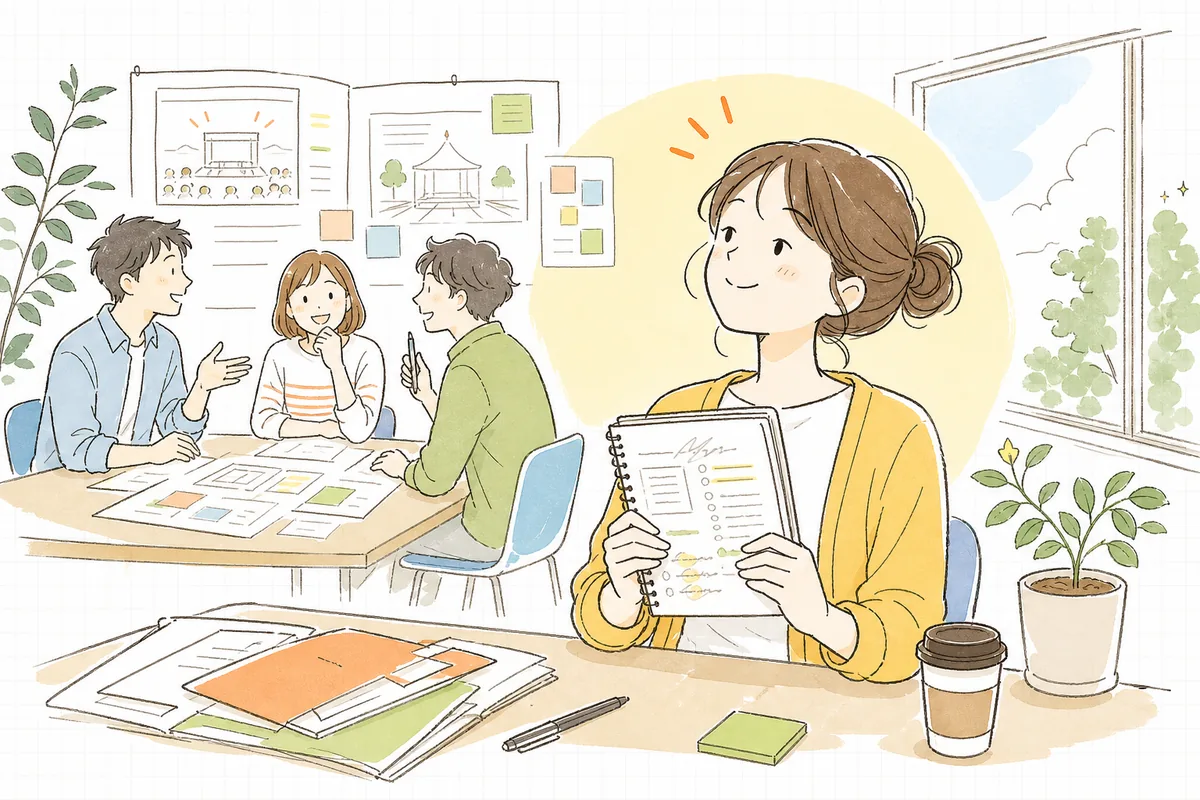 オリエンを終え、メモを手に企画の方向性を思い描きながら前向きな表情の制作ディレクター