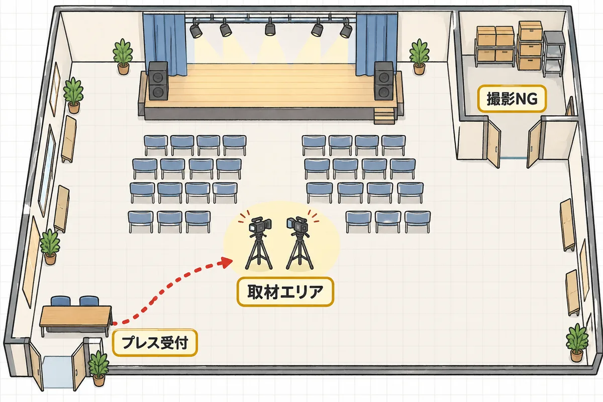 イベント会場を真上から見た配置図。入口横の机、中央のステージ前の広い場所、奥の扉で仕切られた裏の部屋の3か所に、それぞれ短いラベルが付いている