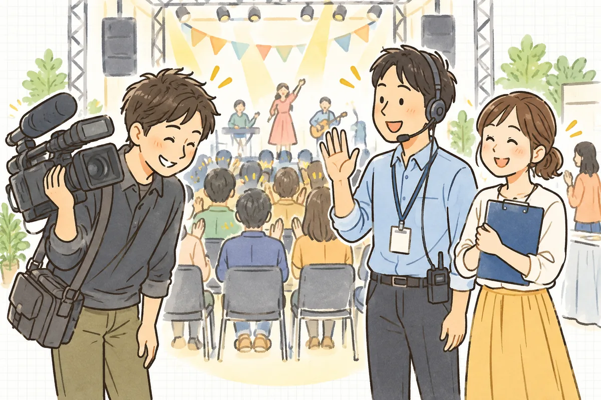 にぎわうイベント会場のステージ前で、取材のカメラマンが撮影を終えて笑顔で会釈し、イベント制作ディレクターと主催者の広報担当がほっとした表情で見送っている