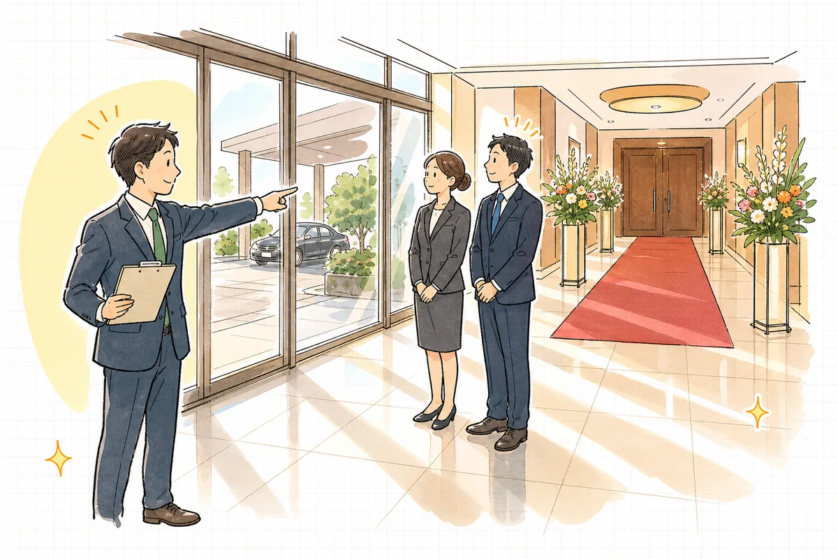 式典開場前のホール入口で、来賓名簿を手にした制作ディレクターが、車寄せに到着した来賓を出迎えるスタッフに立ち位置を指し示している場面