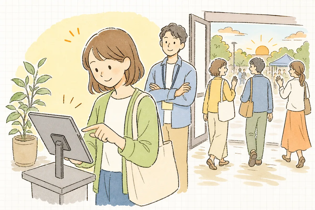イベント本番後、会場の出口付近でタブレットのアンケートに答える来場者と、それを見守るイベント制作ディレクター