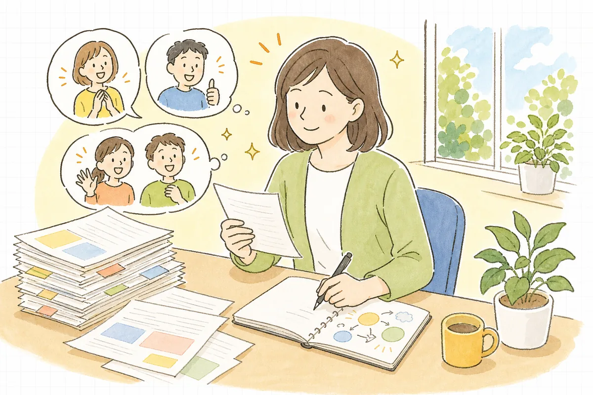 集まったアンケートを見ながら、次の企画のアイデアを穏やかに書き留めるイベント制作ディレクター