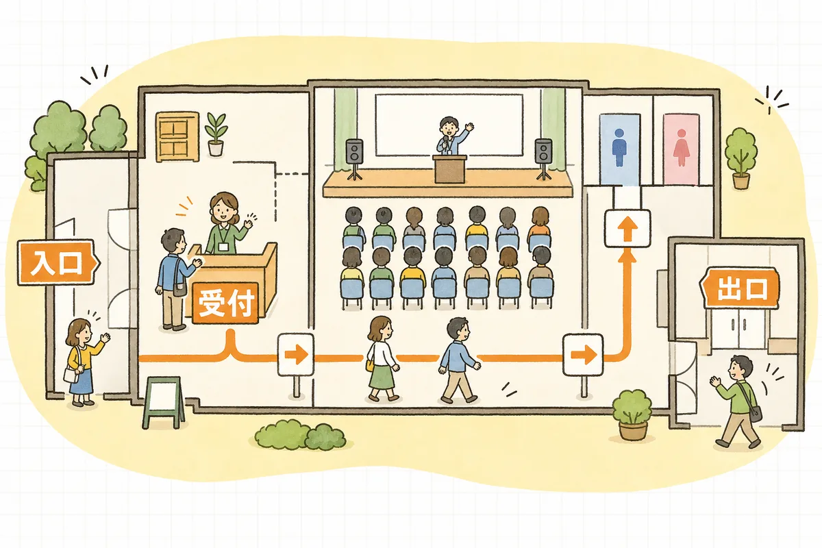 会場図の上に入場から退場までを一本の線で描き、分岐点にだけ誘導サインを置くことを示した概念図