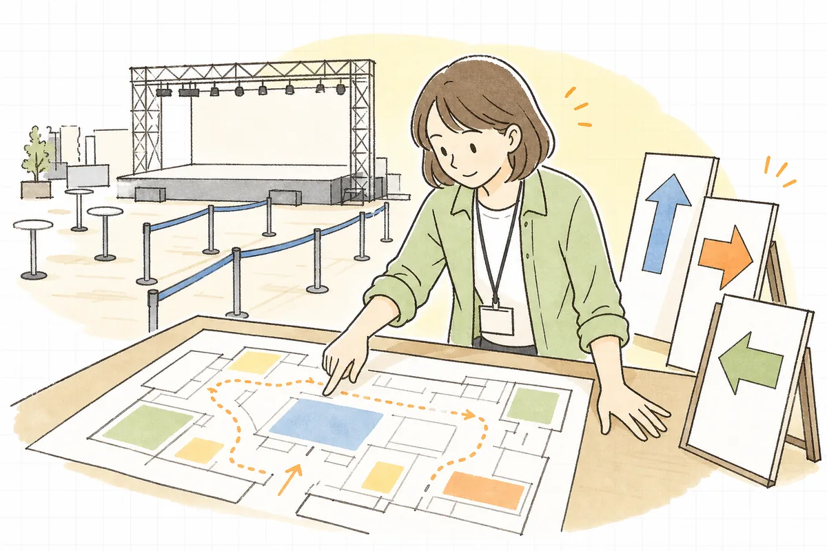会場の平面図を広げて来場者の入場から退場までの流れを線でたどりながら誘導サインの位置を確認するイベント制作ディレクター