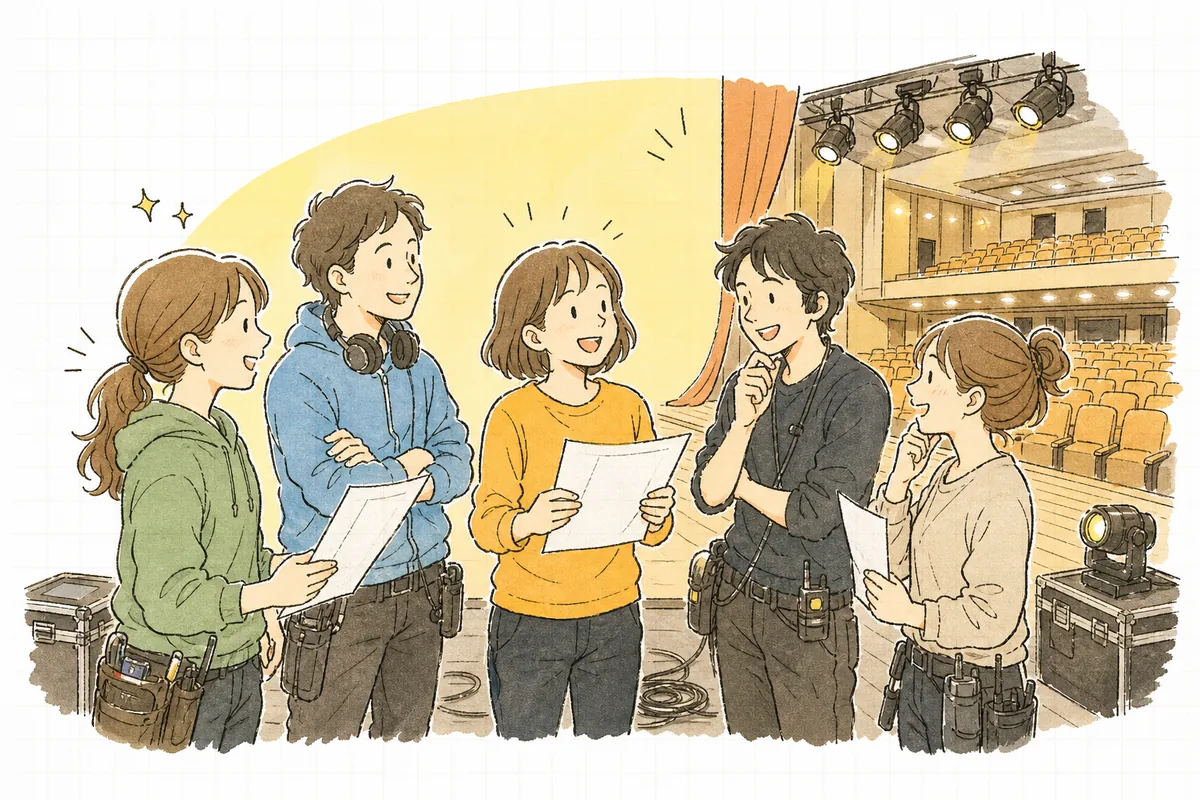 リハーサルを終えた夕方の会場で、香盤表を手にうなずき合うスタッフたちの穏やかな表情