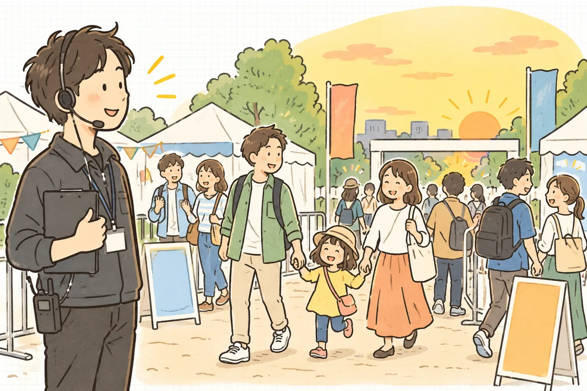 晴れた日の屋外イベント会場の出口で、家族連れや来場者たちが笑顔で帰っていく様子を、少し離れた場所から見送るイベント制作ディレクター