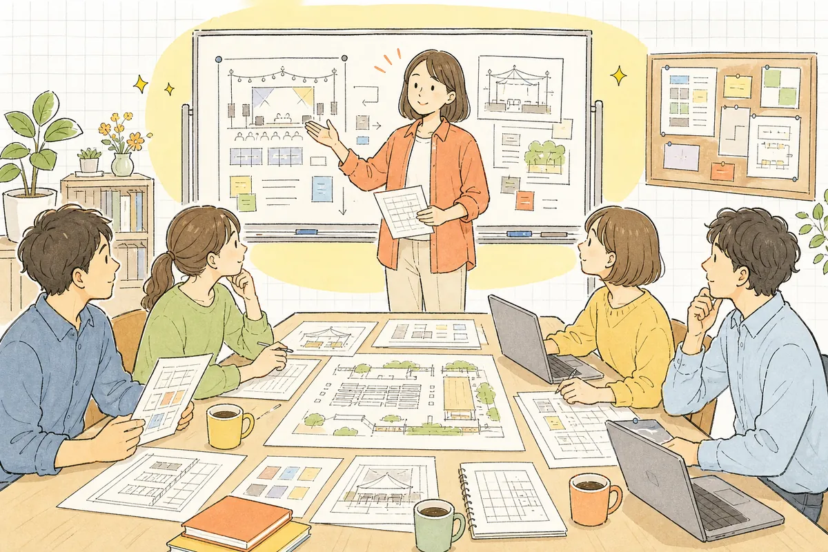 イベント制作会社の会議室で、ホワイトボードの前に立ち、机を囲む数人のスタッフと一緒に段取りを確認しているディレクター