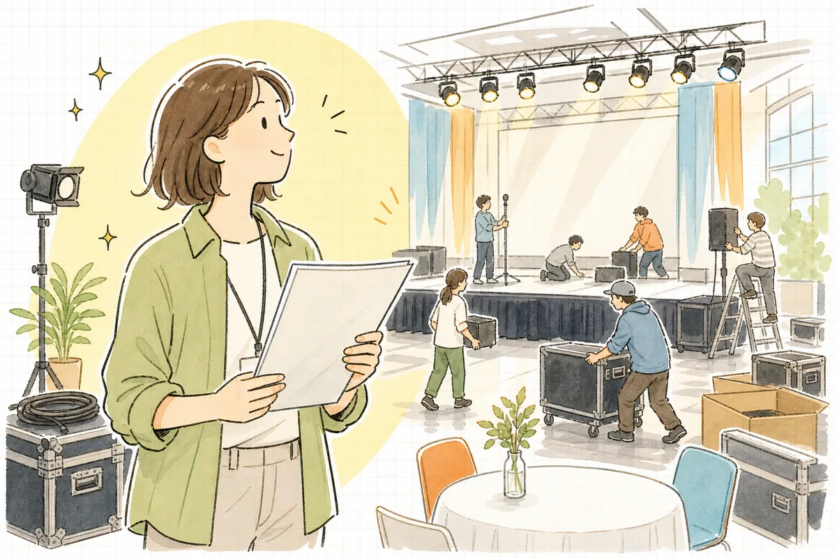 逆算で組み上げた工程表を手に、明るい会場で穏やかに前を向くイベント制作ディレクター
