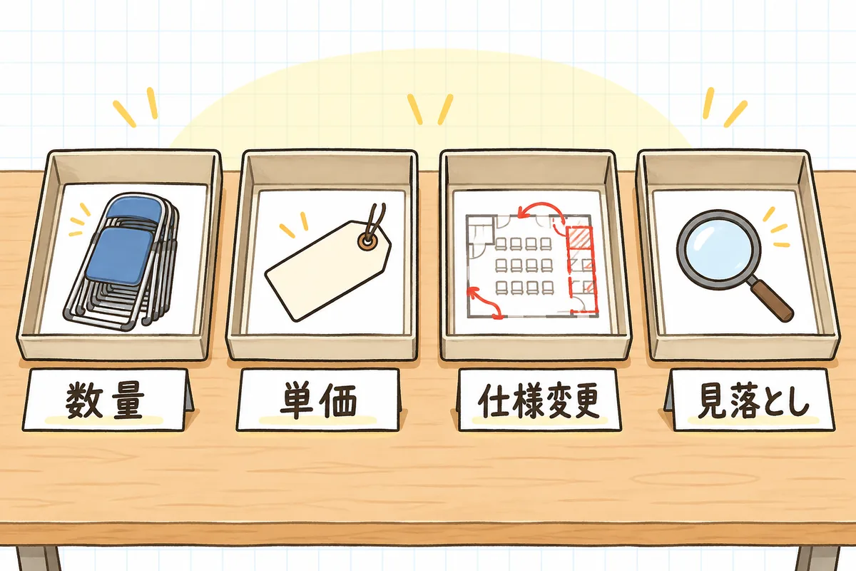 机の上に横一列に並んだ4つのトレー。左から、パイプ椅子を積んだ絵のカードが入ったトレー、値札の絵のカードが入ったトレー、赤ペンで直しが入った図面のカードが入ったトレー、虫眼鏡の絵のカードが入ったトレーで、それぞれの手前に短いラベルがある概念図
