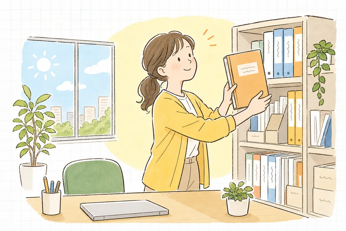 朝のオフィスで、入金の確認が取れた案件のファイルを閉じて棚に戻し、窓の光のなかで小さく息をついているイベント制作ディレクター