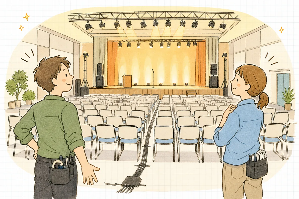 仕込みを終えた静かなイベント会場で、整った客席とステージを見渡しながら穏やかに笑っている制作スタッフたち