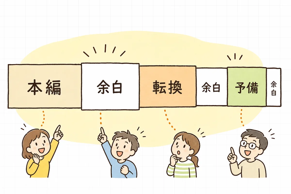 全体時間の5〜10%の余白を、押しやすいブロックの後ろ・転換休憩・最後に分けて配分する様子を示した横長の図