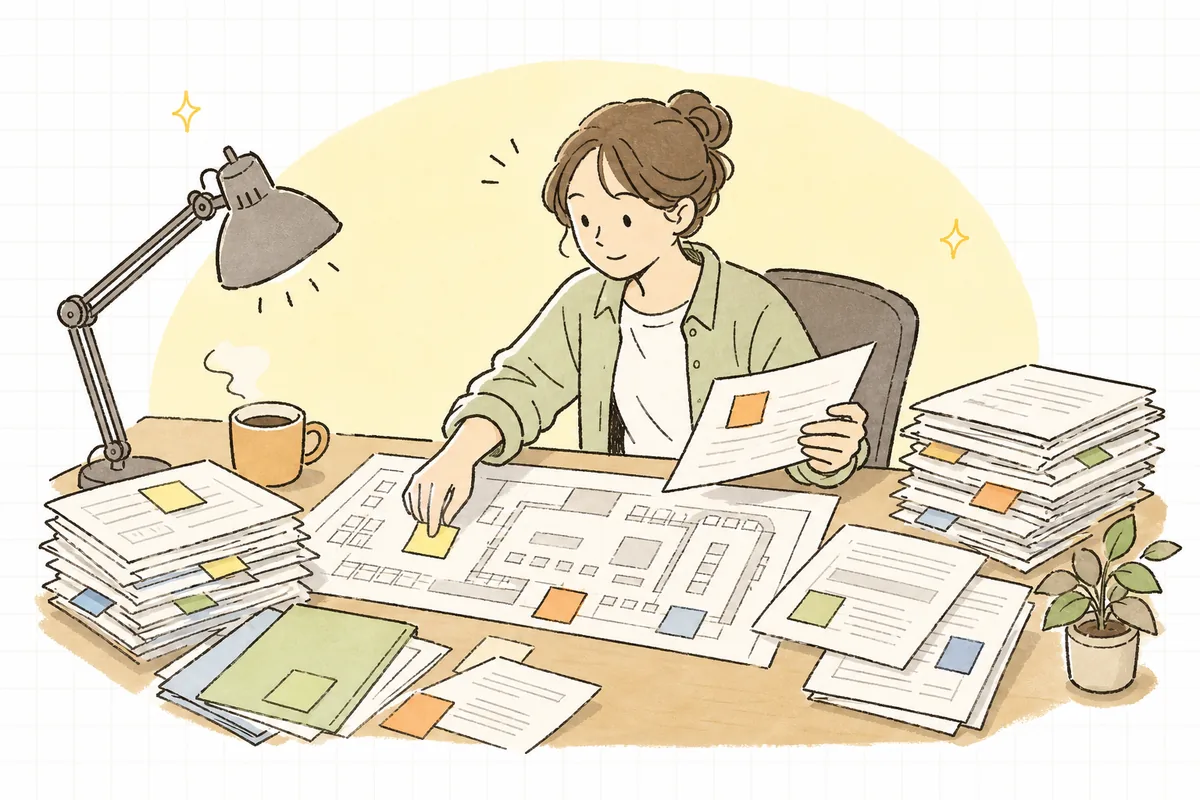 会場図面と申請書類を机に広げ、どの手続きが必要かを付箋で仕分けしながら段取りを確認するイベント制作ディレクター